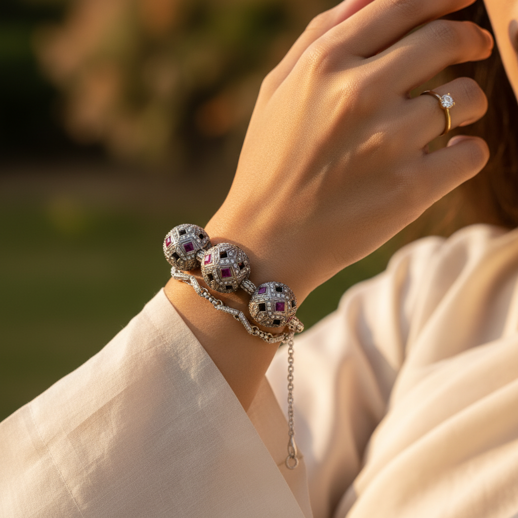 Silver bead jewelry with rubies and black onyx gemstones, luxury design, for women