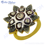 将图像加载到图库查看器中, gold plating ring with a diamond flower design, featuring diamonds and a polished gold plating band.
