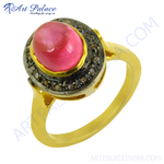 将图像加载到图库查看器中, gold plating ring with a large pink gemstone and a halo of smaller stones, perfect for elegant wear.