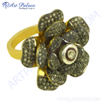 将图像加载到图库查看器中, gold plating flower ring with diamonds. The ring features a detailed flower design and diamond embellishments.