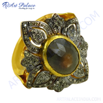 将图像加载到图库查看器中, gold plating ring with a large central gemstone surrounded by diamond accents.