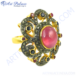 将图像加载到图库查看器中, gold plating ruby and diamond cocktail ring, featuring a large pink ruby gemstone and surrounding diamonds.