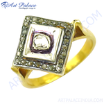 将图像加载到图库查看器中, gold plating ring with a square gemstone design featuring diamond-like stones; a striking jewelry piece.