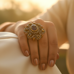 Load image into Gallery viewer, Sapphire & Ruby Ring | Oxidized Gold Floral Design | For Women