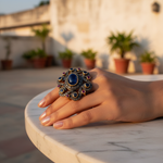 Load image into Gallery viewer, Sapphire & Ruby Ring | Oxidized gold plating Floral Design | For Women