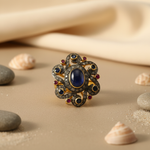 Load image into Gallery viewer, Sapphire & Ruby Ring | Oxidized gold plating Floral Design | For Women