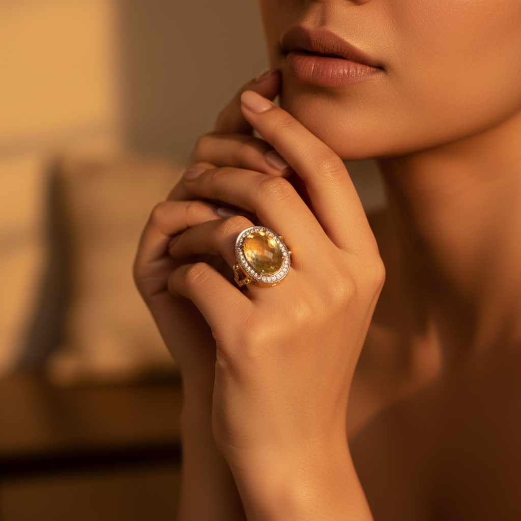 Gold plating plated ring with a large yellow sapphire gemstone center and diamond accents, for women