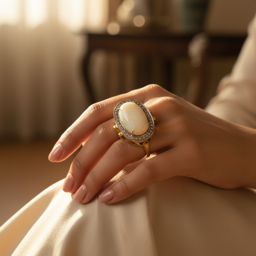 Gold plating ring with a large oval shaped yellow gemstone, surrounded by smaller stones