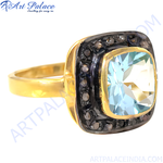 将图像加载到图库查看器中, gold plating ring with a square blue topaz gemstone and diamond accents, a luxury piece of jewelry