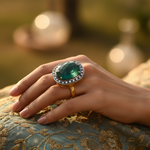 将图像加载到图库查看器中, 女士金戒指,镶嵌祖母绿宝石和钻石光环。