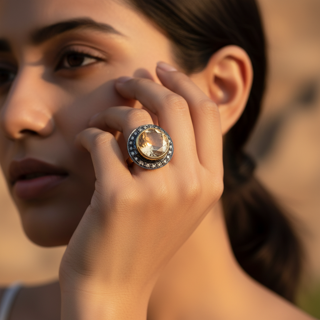 Gold plating ring with a large yellow citrine gemstone and small surrounding diamonds