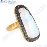 将图像加载到图库查看器中, gold plating-plated moonstone cocktail ring with black diamond accents, rectangular gemstone, elegant jewelry.