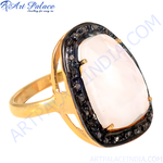 将图像加载到图库查看器中, gold plating ring with a large white gemstone surrounded by black stones, a stylish and eye-catching piece.
