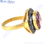 将图像加载到图库查看器中, gold plating ring with a large oval-cut purple amethyst gemstone. gold plating band and black accents.
