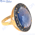 Load image into Gallery viewer, Gold halo ring with oval-cut blue sapphire center stone and diamond accents.
