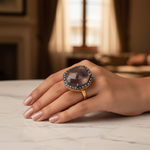 将图像加载到图库查看器中, gold plating Ring with Brown Gemstone and Diamond Halo for Women