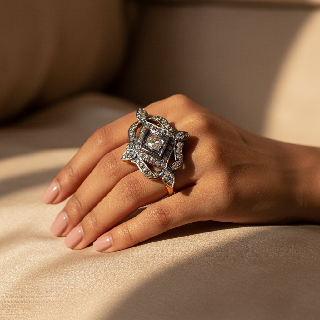 Vintage diamond pave ring in 18k gold plating