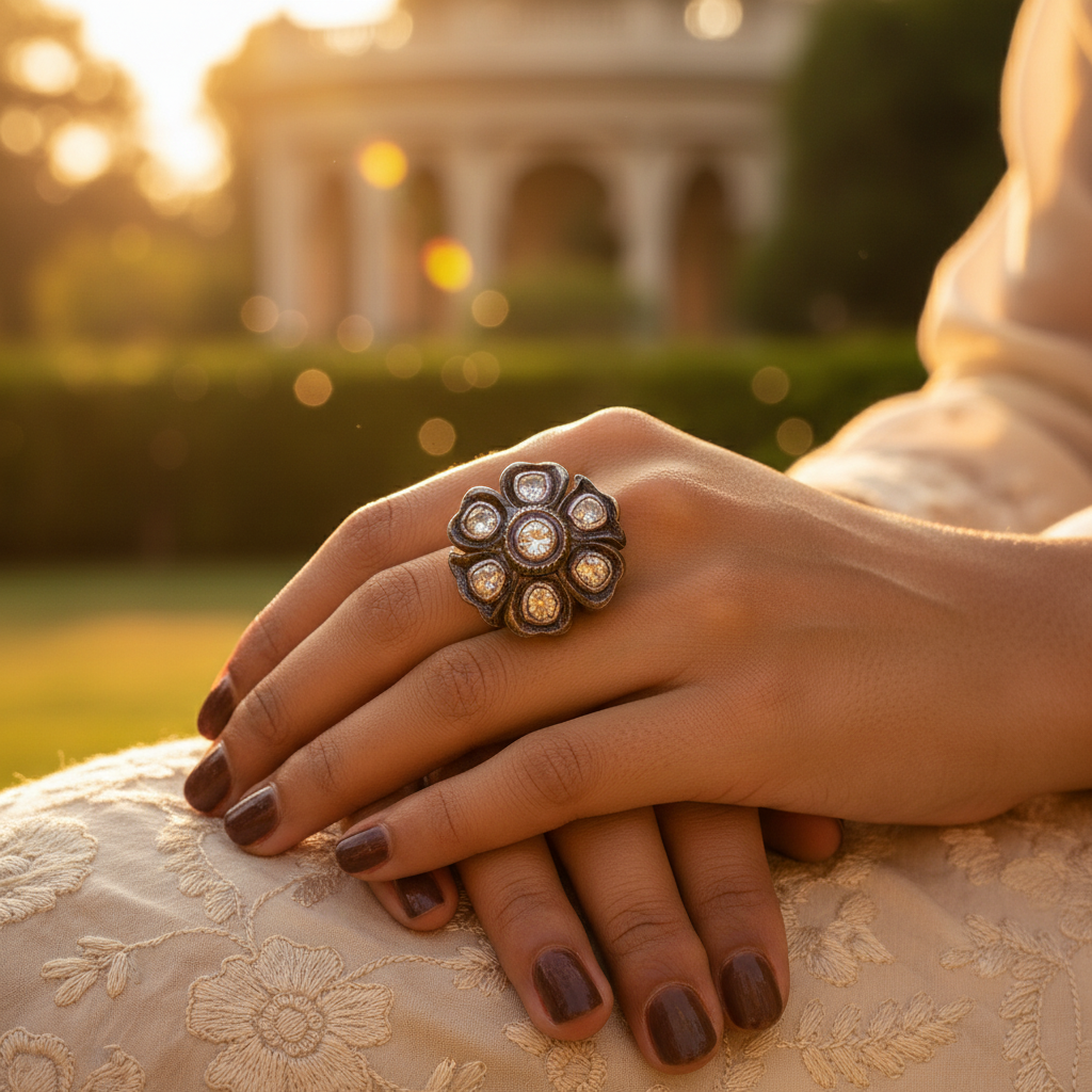 Vintage gold plating ring with cluster of diamonds in a floral design, a beautiful piece of jewelry