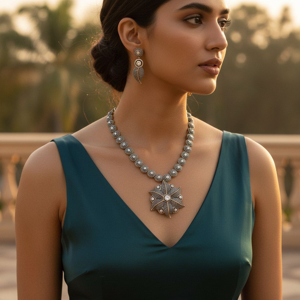 Vintage gold plating tone diamond necklace and earrings set, featuring a floral design with clear diamond accents