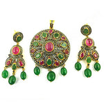 Load image into Gallery viewer, Emerald Ruby Pendant Earrings Set | Silver Dangle Set for Women