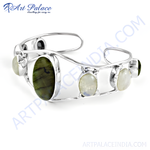 Load image into Gallery viewer, Sterling silver cuff bracelet with green and white gemstones for women.
