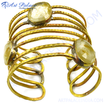 将图像加载到图库查看器中, gold plating-toned metal cuff bracelet with rutilated quartz gemstones. A unique and elegant statement piece for women.