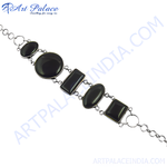将图像加载到图库查看器中, Sterling silver chain bracelet with oval, rectangle and round black onyx gemstones.