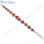 Load image into Gallery viewer, Sterling silver bracelet featuring vibrant red coral triangle stones, perfect for women's jewelry.