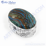 Load image into Gallery viewer, Oval silver pill box with a colorful, patterned gemstone top.