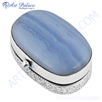 Load image into Gallery viewer, Silver pill box with a smooth, polished blue agate gemstone top. Stylish and functional.