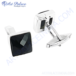 Load image into Gallery viewer, Silver cufflinks with square black onyx gemstones, perfect for men's formal wear.