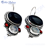 Load image into Gallery viewer, Sterling silver dangle earrings with black onyx and moonstone gemstones
