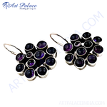 Load image into Gallery viewer, 925 sterling silver dangle earrings with round purple amethyst gemstones, perfect for women.