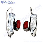 Load image into Gallery viewer, Sterling silver drop earrings with white pearls and oval red coral gemstones. Elegant women's jewelry.