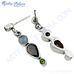 Load image into Gallery viewer, 925 sterling silver drop earrings featuring a moonstone, smoky quartz, and peridot gemstones.