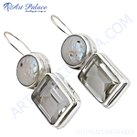 Load image into Gallery viewer, Sterling silver drop earrings with white pearl and clear quartz gemstones, elegant design.