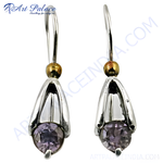Load image into Gallery viewer, 925 sterling silver drop earrings with round-cut amethyst gemstones, featuring a gold accent