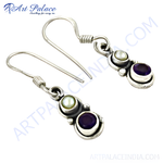 Load image into Gallery viewer, 925 sterling silver drop earrings with pearl and amethyst gemstones, elegant jewelry