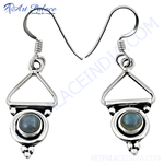 Load image into Gallery viewer, 925 sterling silver dangle earrings with round labradorite gemstones.
