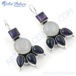 Load image into Gallery viewer, 925 sterling silver drop earrings featuring moonstone and amethyst gemstones in a floral design