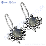 Load image into Gallery viewer, 925 sterling silver dangle earrings with round moonstone centers and a floral design