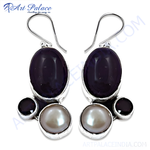 将图像加载到图库查看器中, 925 sterling silver drop earrings with purple charoite gemstones and pearl accents.