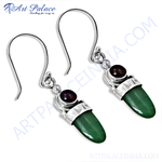 Load image into Gallery viewer, 925 sterling silver drop earrings with green gemstone drops and a small dark red stone.