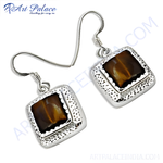 Load image into Gallery viewer, 925 sterling silver dangle earrings with square tiger eye gemstone, perfect for women