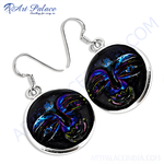 Load image into Gallery viewer, 925 sterling silver moon face dangle earrings with a black and blue art.