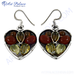 Load image into Gallery viewer, 925 sterling silver heart-shaped dangle earrings with mixed gemstones in red, green and yellow colors