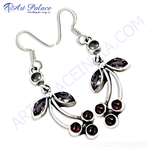 Load image into Gallery viewer, Sterling silver dangle earrings with garnet and amethyst gemstones, elegant design for women.