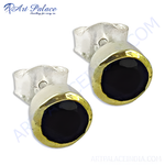 Load image into Gallery viewer, 925 sterling silver stud earrings with black gemstones and gold plating