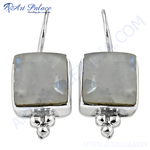 Load image into Gallery viewer, Sterling silver drop earrings with square-cut moonstone gemstones, shimmering and elegant for women.