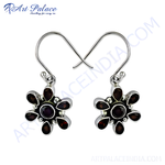 Load image into Gallery viewer, 925 sterling silver dangle earrings with garnet gemstones in a flower design.